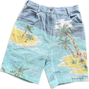 Vintage Together Printed Denim Bermuda Shorts 8 High-Waisted Palm Beach Tropical
